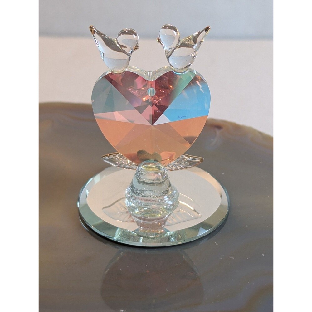 Glass Baron Handcrafted Glass Love Birds on Faceted Heart Figurine - Pink Rose